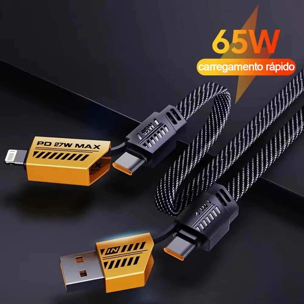 Cabo Turbo Tipo C para iPhone Xiaomi Samsung USB 4 em 1 Turbo 65W/PD 27W Cabeça de Metal Revestida de Nylon