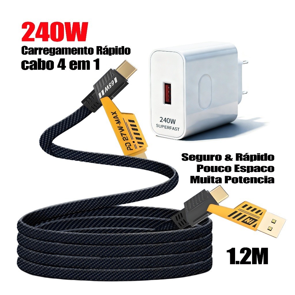 Kit Carregador Branco 1 Porta 65W Carga Super Rápida Cabo 4 em 1 Tipo C Lightning Micro iPhone Android