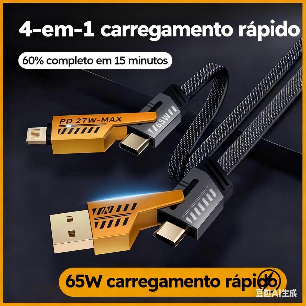 Cabo de Carregamento 4 em 1 65W PD 27W Tipo C Lightning USB-A Fio Trançado Compatível iPhone Android CarPlay