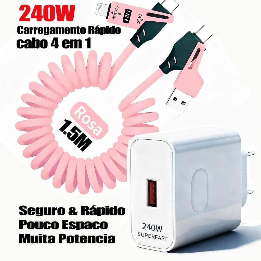 Cabo Espiral 4em1 65W Tipo C Rápido Compatível iPhone Android Rosa Preto | Vendido Avulso e Kit Com Carregador