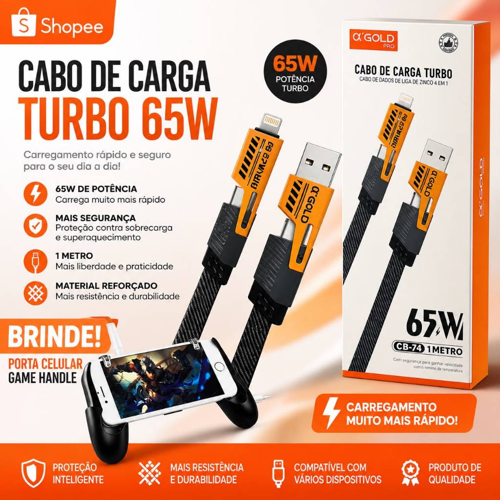 Cabo USB Tipo C 3 em 1 65W Carregamento Rápido PD para iPhone Android + Suporte para Celular de Brinde