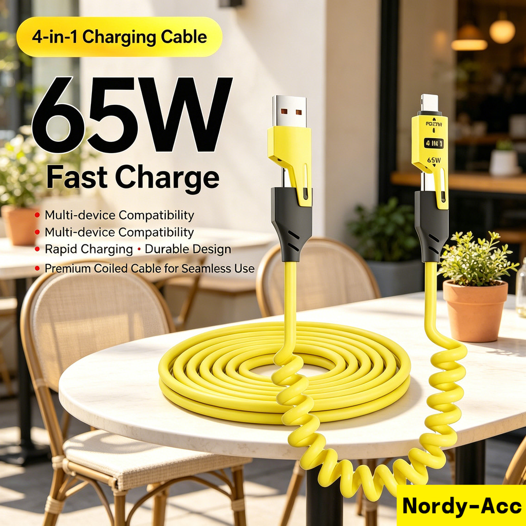 65W 4-Em-1 Mola Telescópica USB Tipo C Cabo De Carregamento Rápido Curto Sincronização De Dados Carregador Para iPhone 1