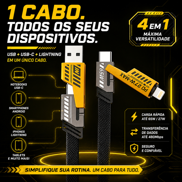 Cabo 4 em 1 PD 65W USB Tipo C Lightning Carga Rápida 1m para iPhone Android Notebook