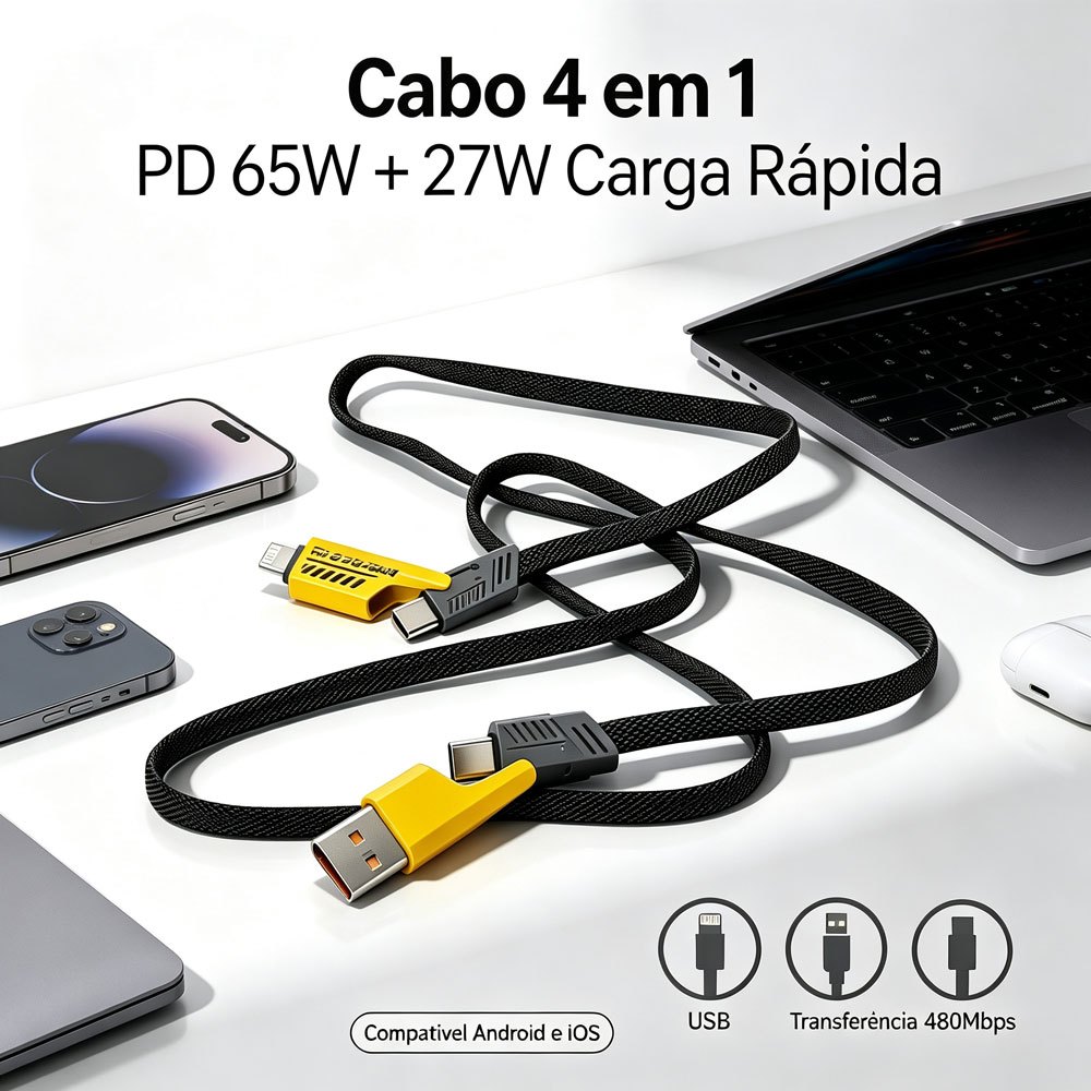 Cabo 4 em 1 65W PD Turbo, com Tipo C e Lightning, Nylon Trançado para iPhone e Samsung