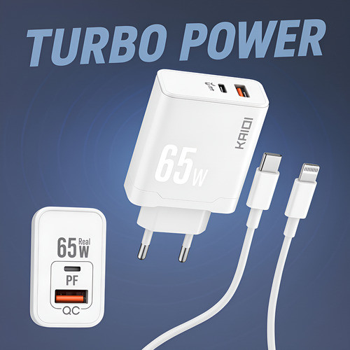 Carregador Turbo Completo Tipo C Kaidi 65w Para Iphone Branco