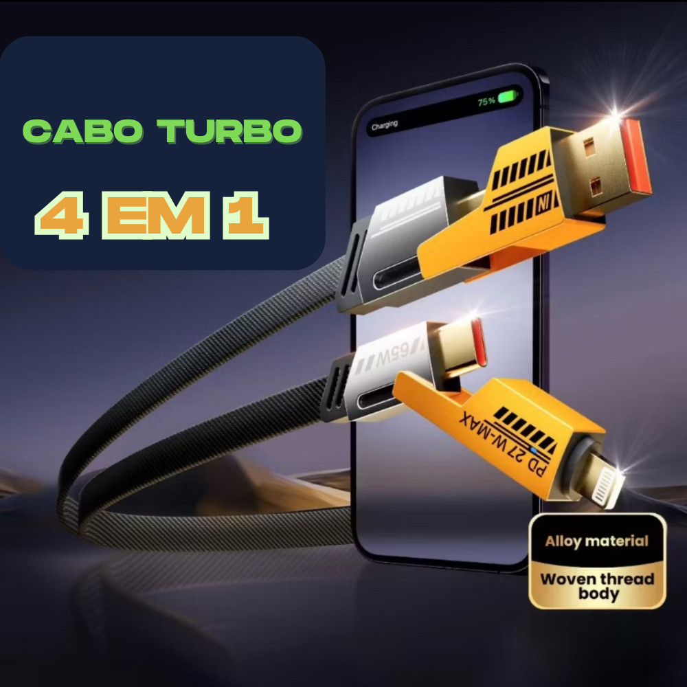 Cabo Turbo 65W 4 em 1 PD 27W Tipo C P/ iPhone Xiaomi Android Samsung Metal Reforçado CABEÇA DE METAL