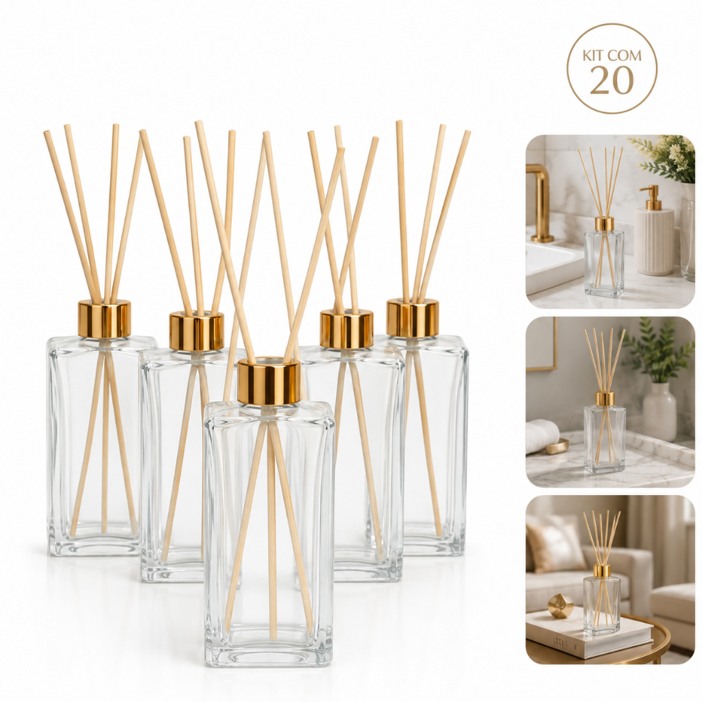 Kit 20 Frascos Vidro Retangular Square 250ml Para Aromatizador De Ambiente Difusor Decoração Lavabo Sala Escritório