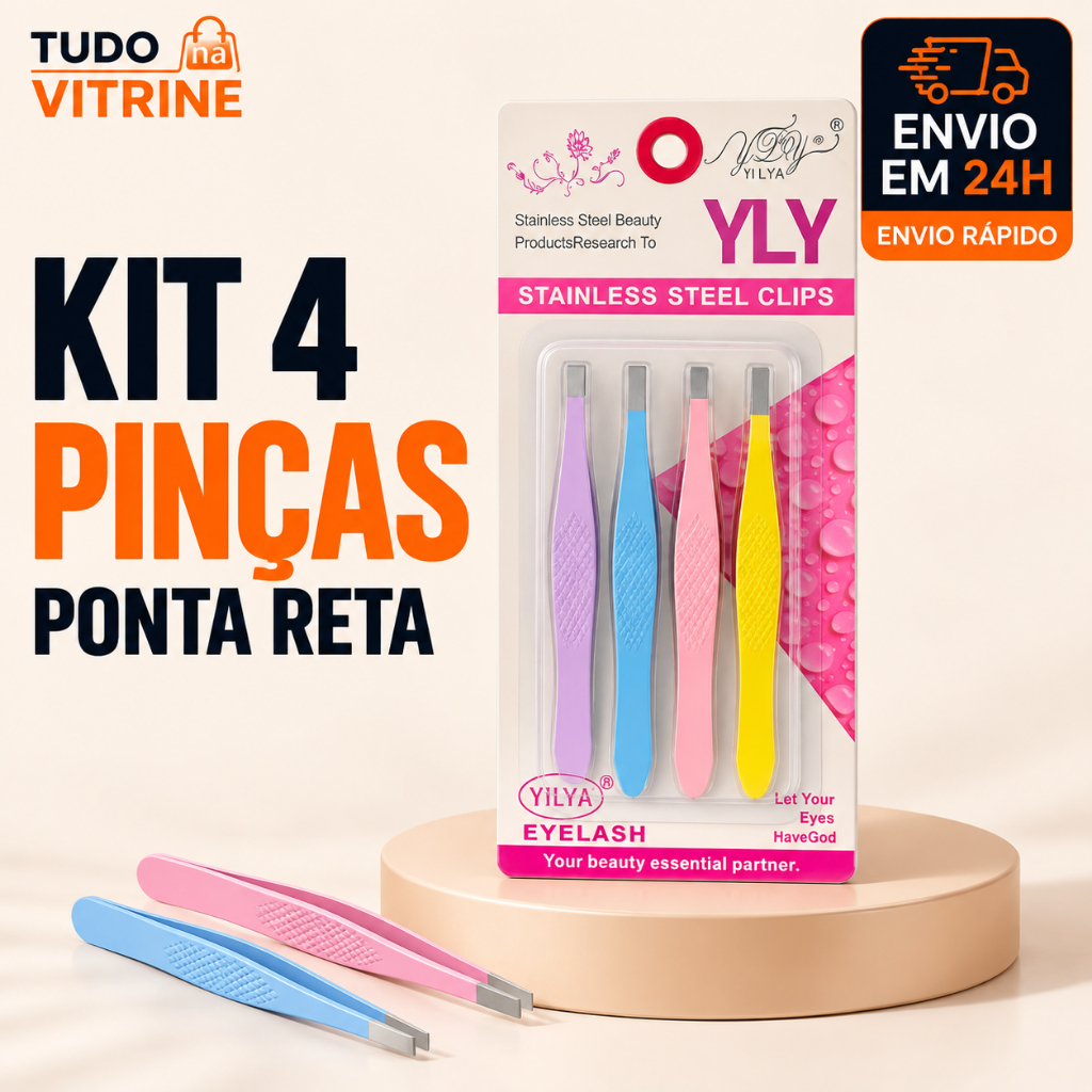 Kit 4 Pinças Para Sobrancelha Ponta Reta Aço Inox Coloridas Alta Precisão Remoção de Pelos