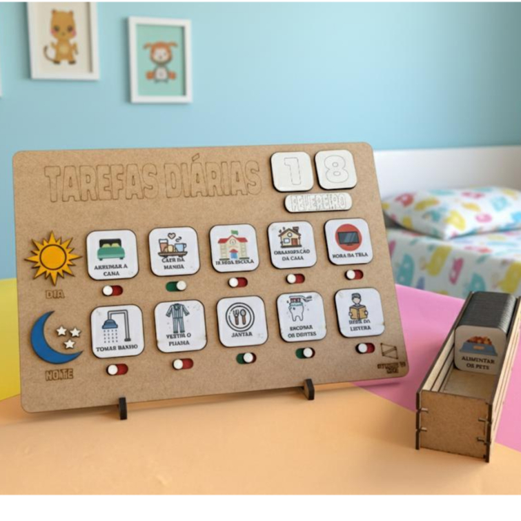 Quadro de Rotina Infantil Educativo com Tarefas interativas Organização Crianças