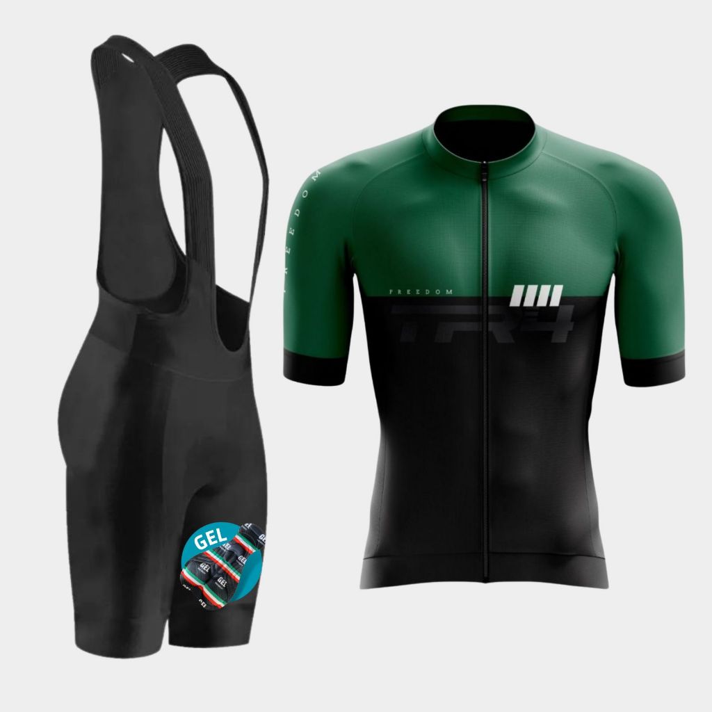 Kit Conjunto Ciclismo Masculino Camisa Camiseta Zíper Total Bretelle Forro Gel Bike Pedal Mtb