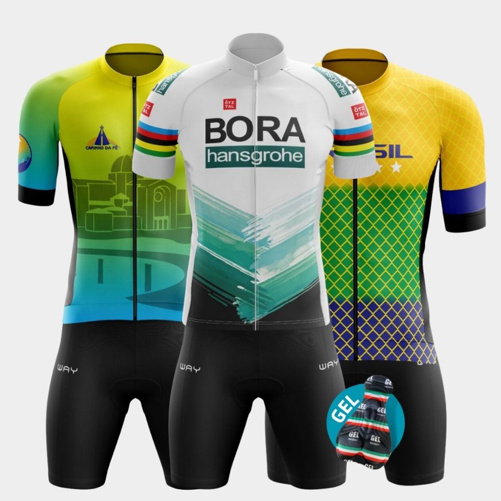 Conjunto Ciclismo Masculino Camisa Zíper Total Bermuda Forro Gel Camiseta Short Uv