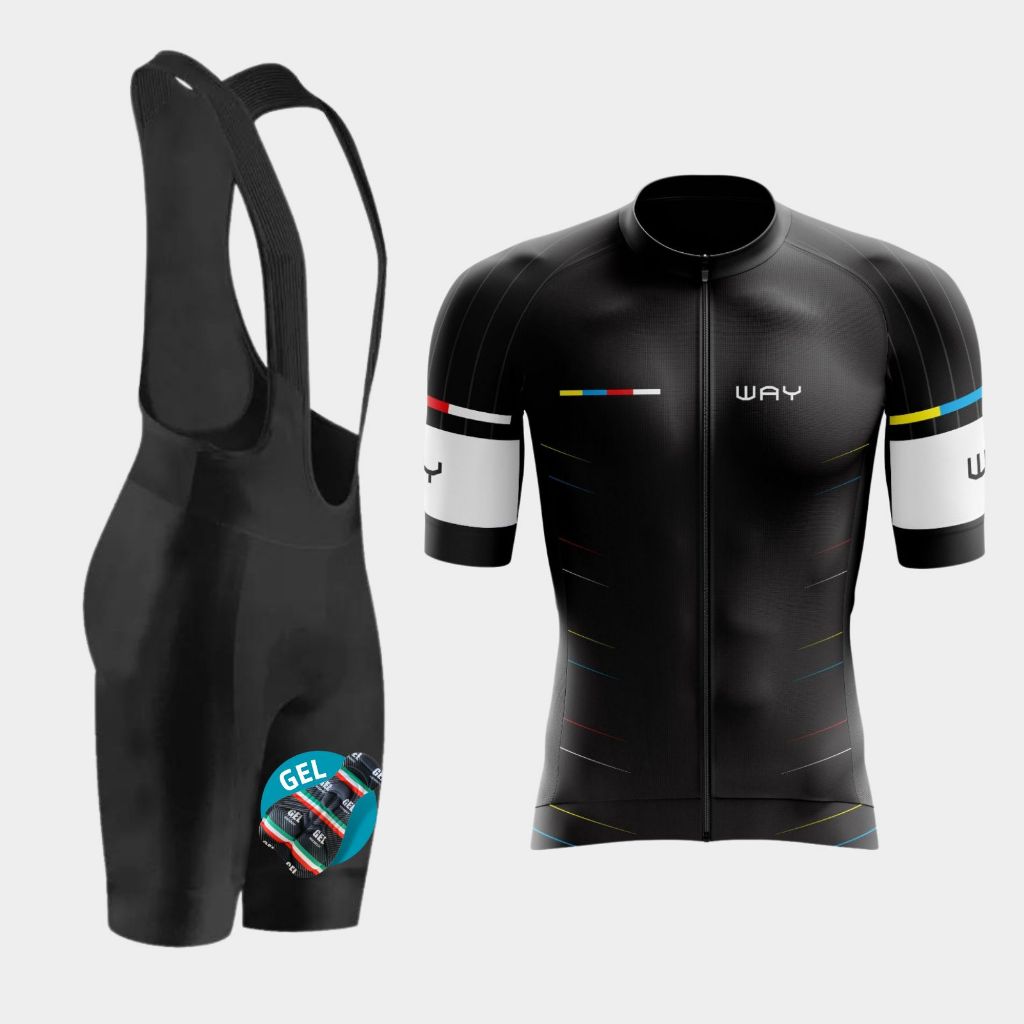 Roupa de Ciclismo Masculina Camisa Preta Ziper Total e Bretele Acolchoado Way Bike