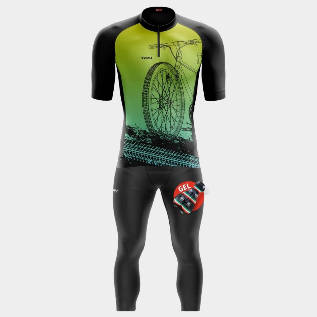 Conjunto Ciclismo Masculino Camisa Pro Zíper Parcial Manga Curta Calça Forro Gel