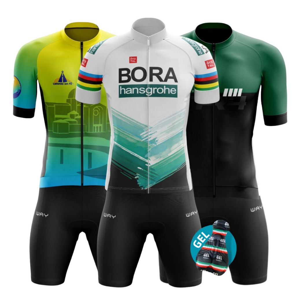 Kit Conjunto Ciclismo Masculino Camisa Zíper Total  Bermuda Forro Gel Uv Roupa Ciclista Mtb