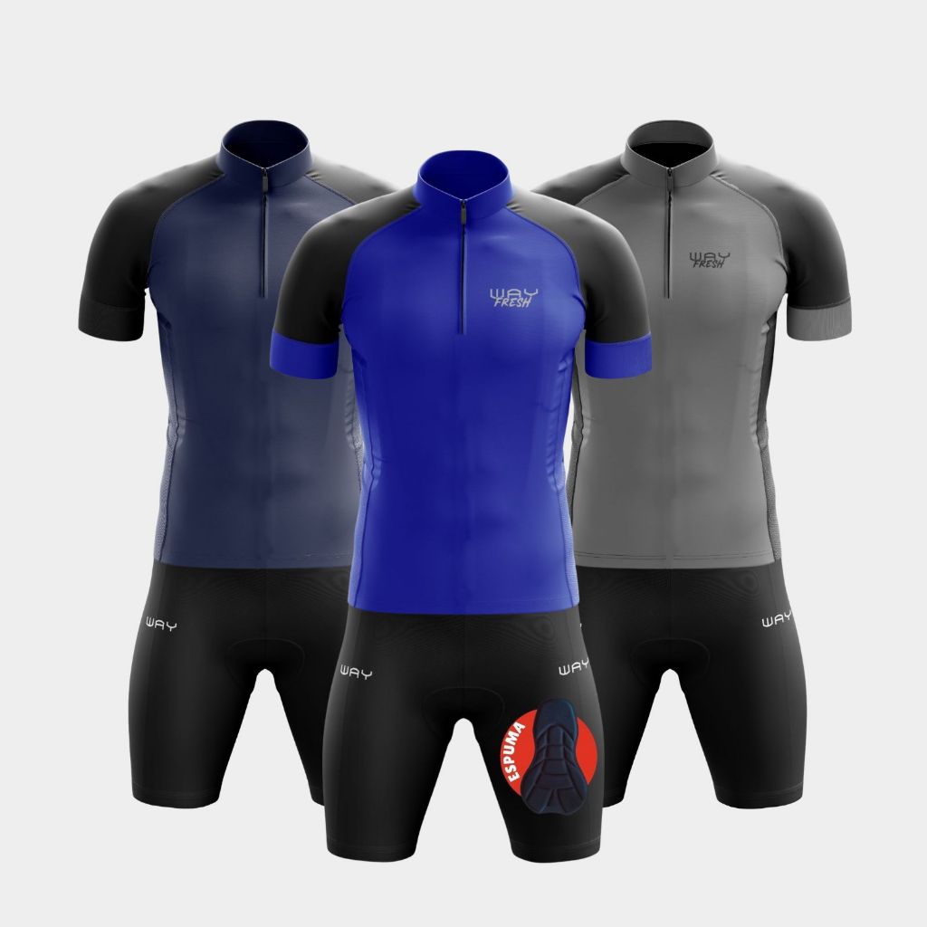 Conjunto de Ciclismo Masculino Camisa Way Fresh Bermuda Espuma Bike Zíper