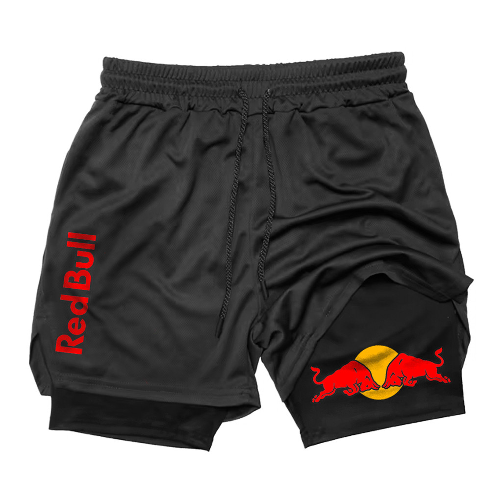 Bermuda 2 em 1 Short Compressão Com Bolso Secreto Para Celular Esporte Corrida Redbull