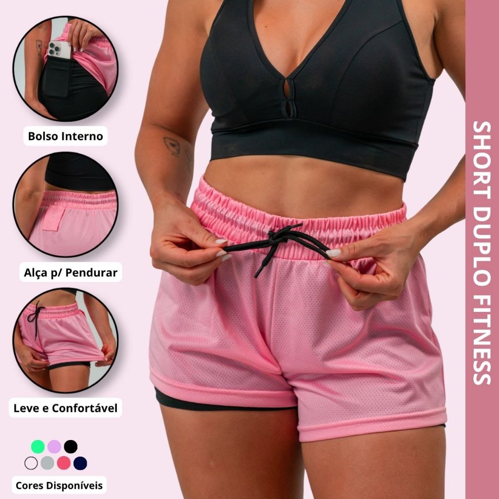Short Duplo Feminino Fitness Academia Bermuda 2 em 1 Corrida Treino Caminhada Confortável Promoção