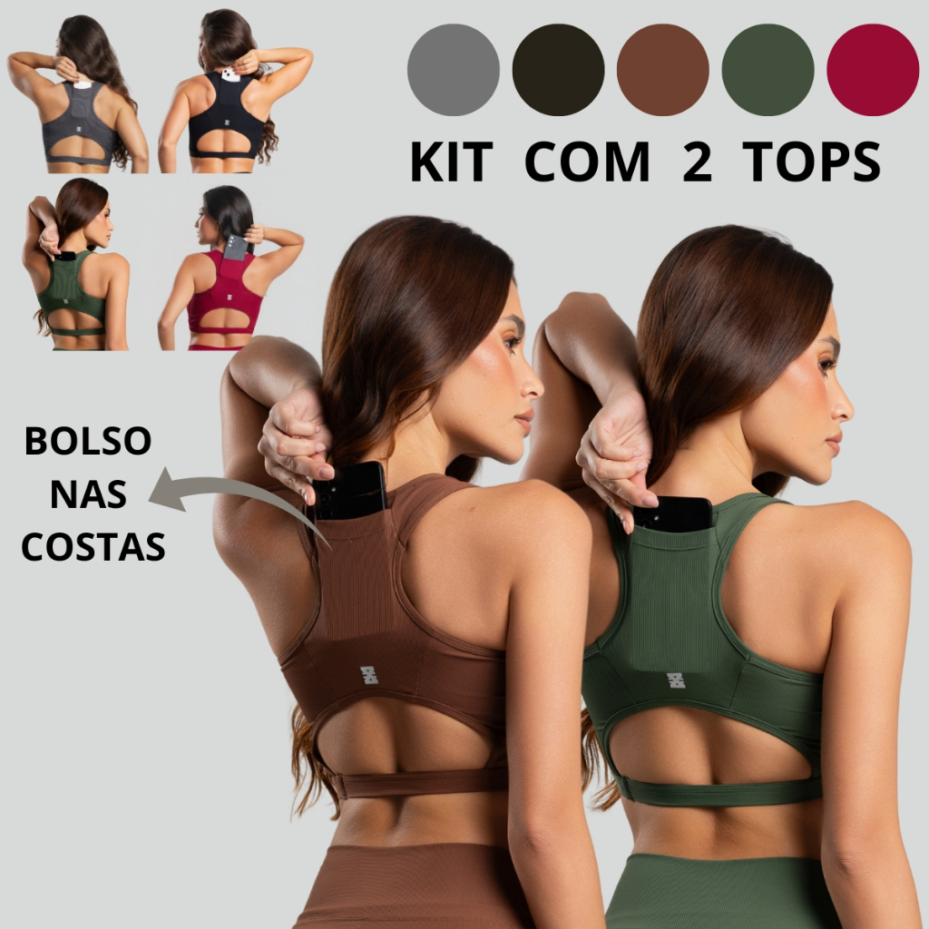 Kit 2 Top Academia Fitness com Bolso Corrida Compressão Nadador Canelado Poliamida Premium Segurança