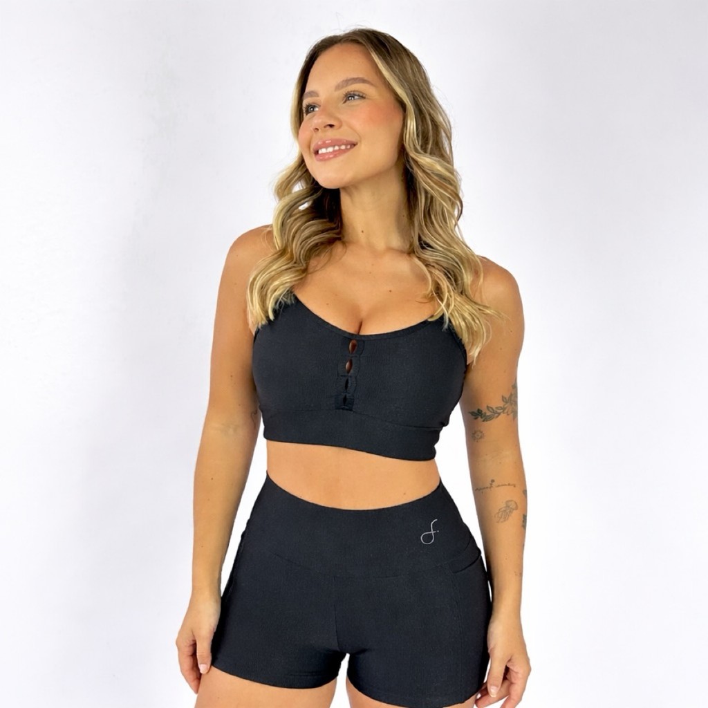 Short Cross Bolso + Top Gabi Compressão Preto