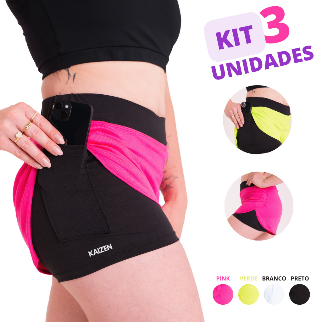 kit 3 Shorts Feminino 2 em 1 Com Forro De Compressão e Bolso para Celular