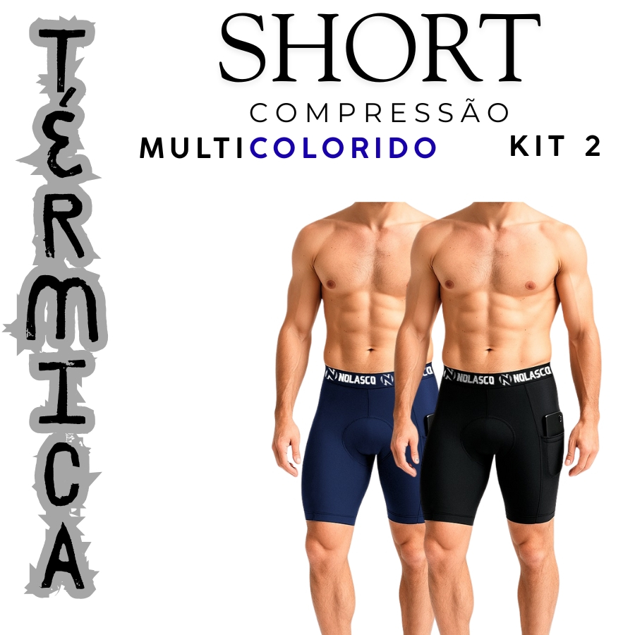 KIT 2 Bermuda de Compressão com Bolso para Celular PRETO/MARINHO Térmica Masculina Fitness Tecido Premium