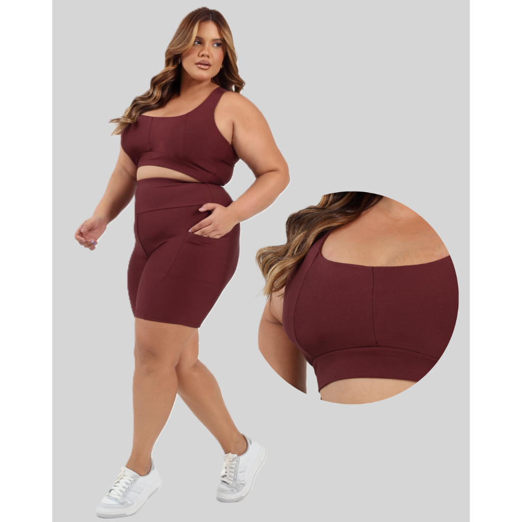 Conjunto Fitness Top e Short Com Bolso Plus Size Feminino Curves Cintura Alta Compressão
