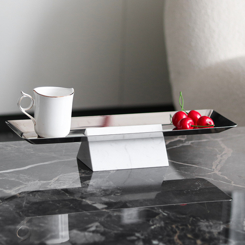 Light luxury marble long fruit tray ornament, modern minimalist design for sales offices, living rooms, hotels, storage
