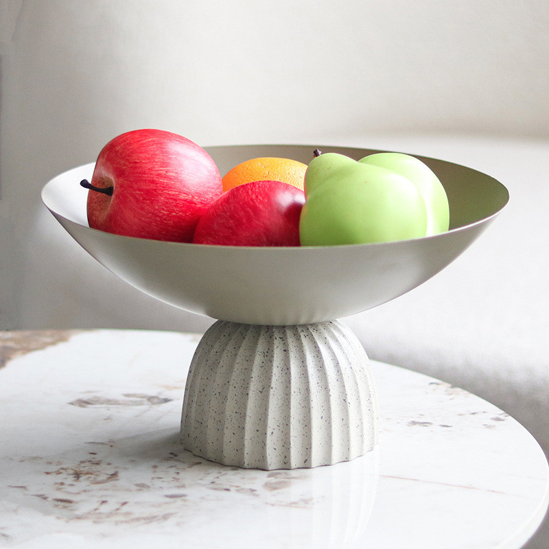 Modern wabi-sabi style faux stone pattern high-footed round fruit plate ornament, Nordic home decor, high aesthetic snac
