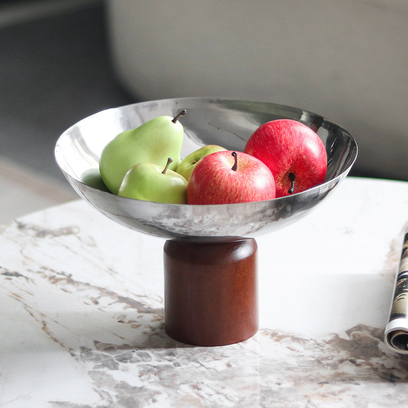 New Chinese-style solid wood base fruit tray ornament for model home, light luxury high-footed round snack and fruit bow