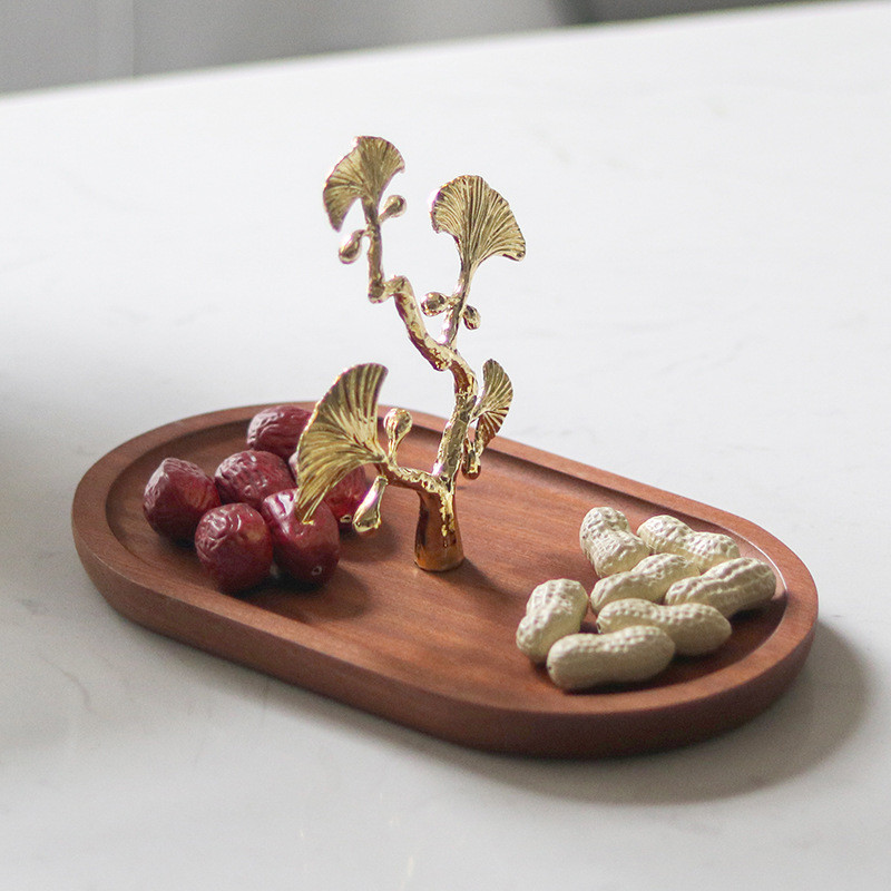 New Chinese-style solid wood oval fruit tray ornament, light luxury plant ginkgo leaf flower branch storage dish for dri