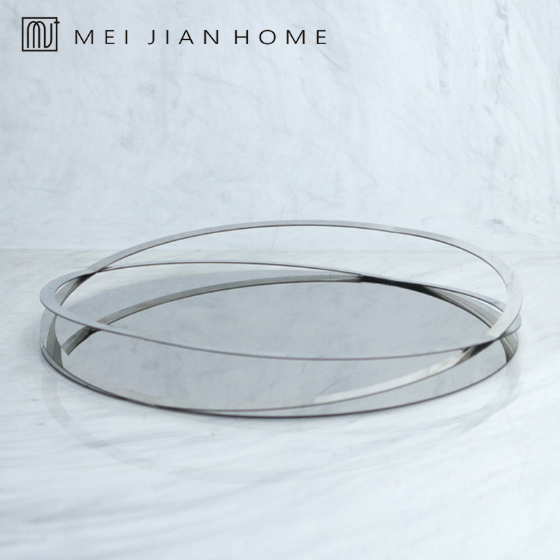 Modern Light Luxury Silver Tray Ornament for Restaurant and Hotel Table Decoration, Stainless Steel Mirror Artistic Stor