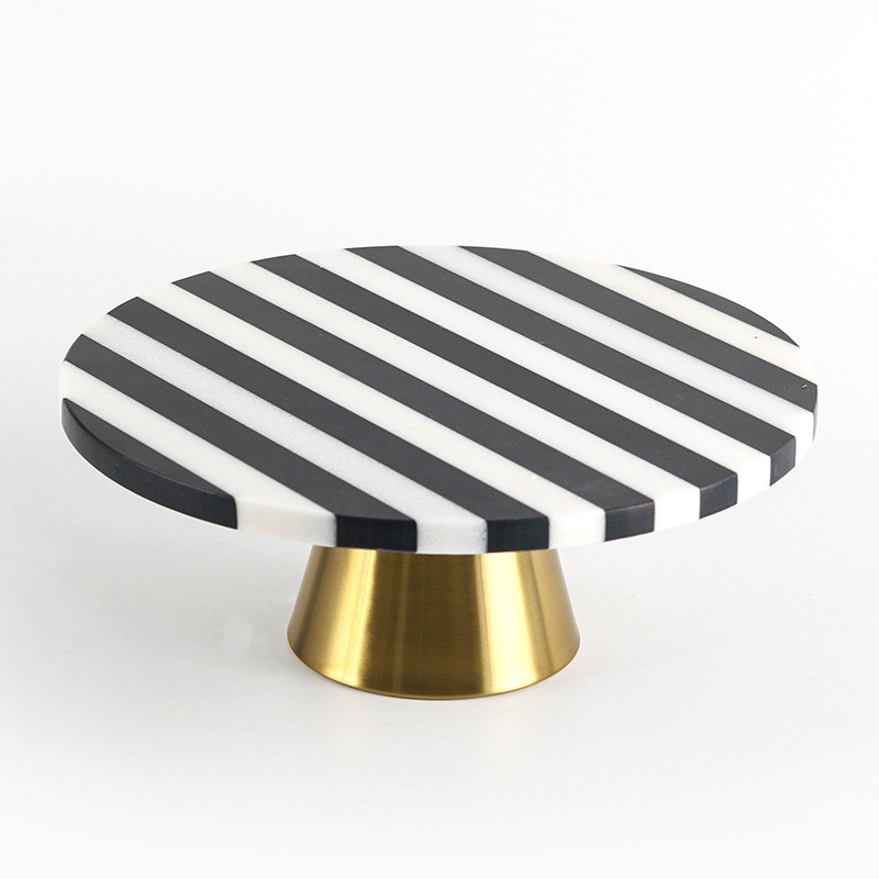 Luxurious black and white striped round tray ornament, marble dessert cake display plate, hotel and cafe decoration