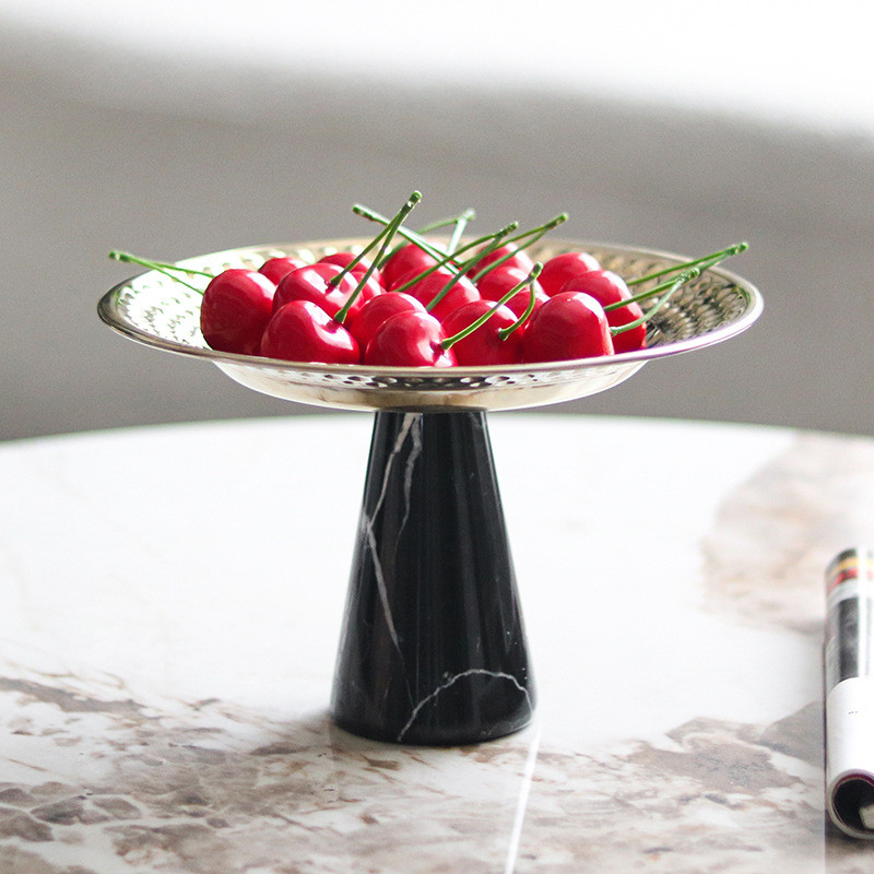 Luxurious high-footed marble base fruit tray ornament with hammered metal design, serving tray for seeds, snacks, and fr