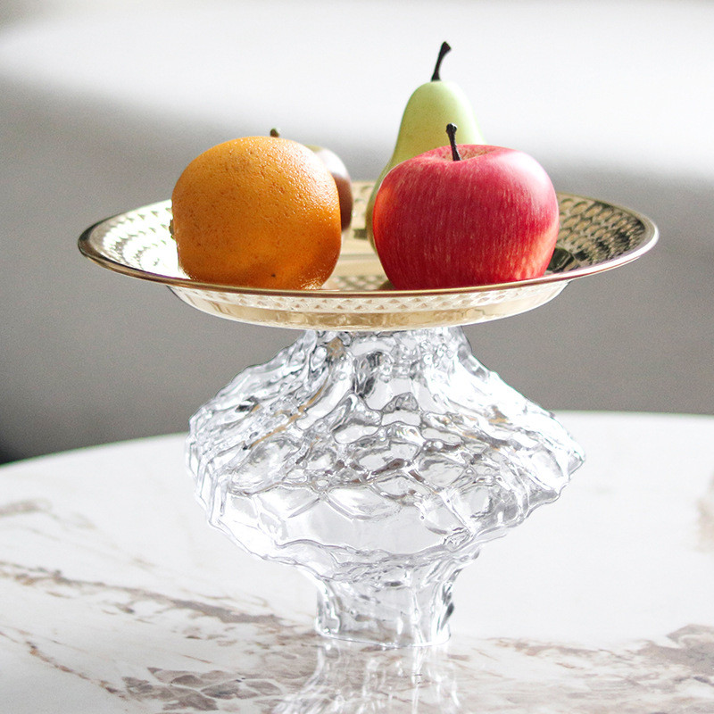 Light luxury glass and metal hammered round fruit plate ornament for showroom and sales office, artistic abstract fruit