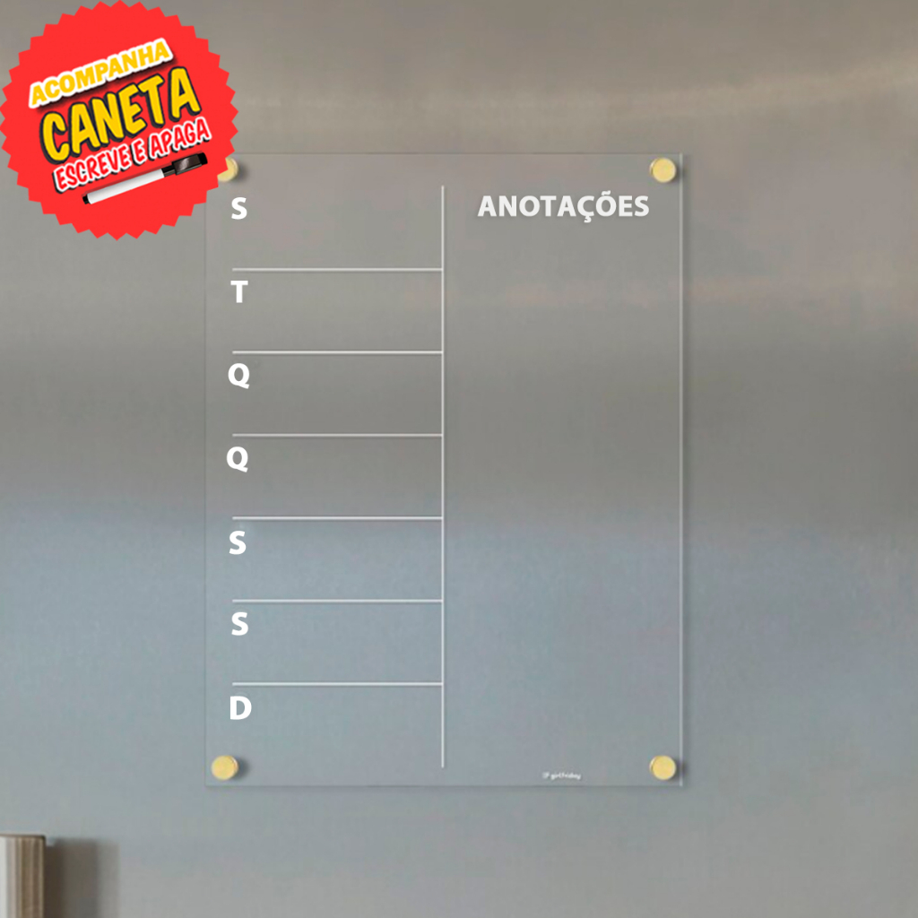 Lousa imã de geladeira Planner Plano Planejador Diário semanal Anotações notas rascunhos Clear Magnetic Calendar Board, com caneta escreve e apaga Acrilico transparente