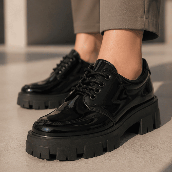 Sapato Oxford Mocassim Feminino Tratorado Verniz com Cadarço Plataforma Confortável Casual Social Preto Branco Bordô