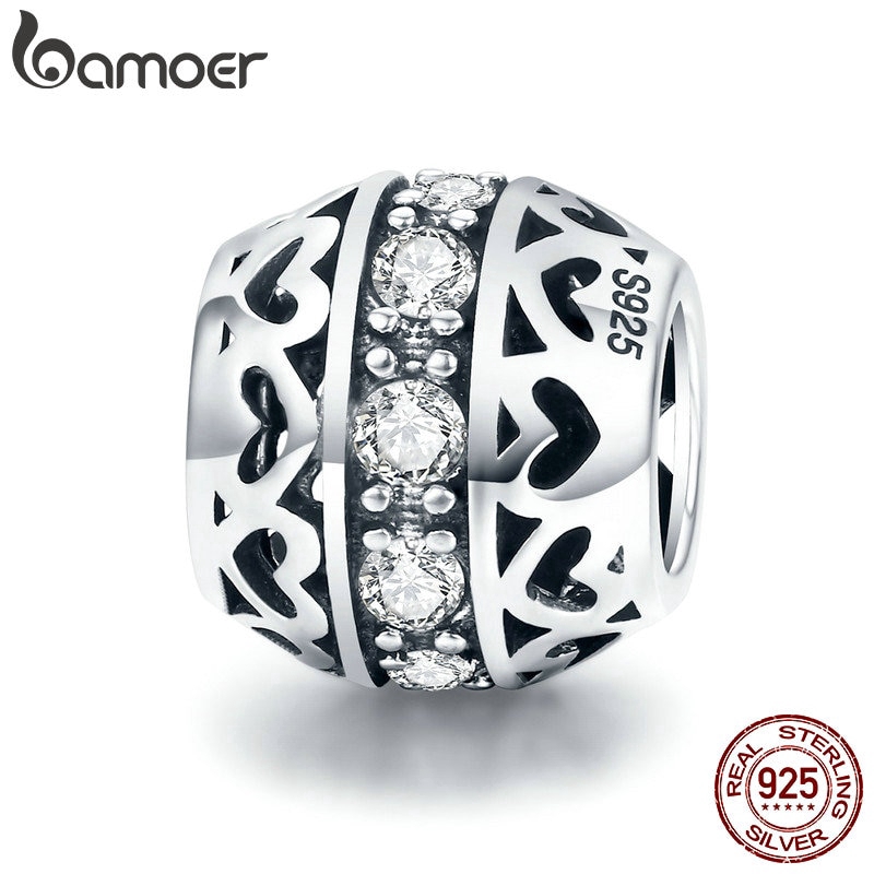 Bamoer 925 Real Silver Empilhável Grânulos Do Coração Limpar Cz Beads Fit Charm Bracelet Presente Do Dia Dos Namorados Scc523