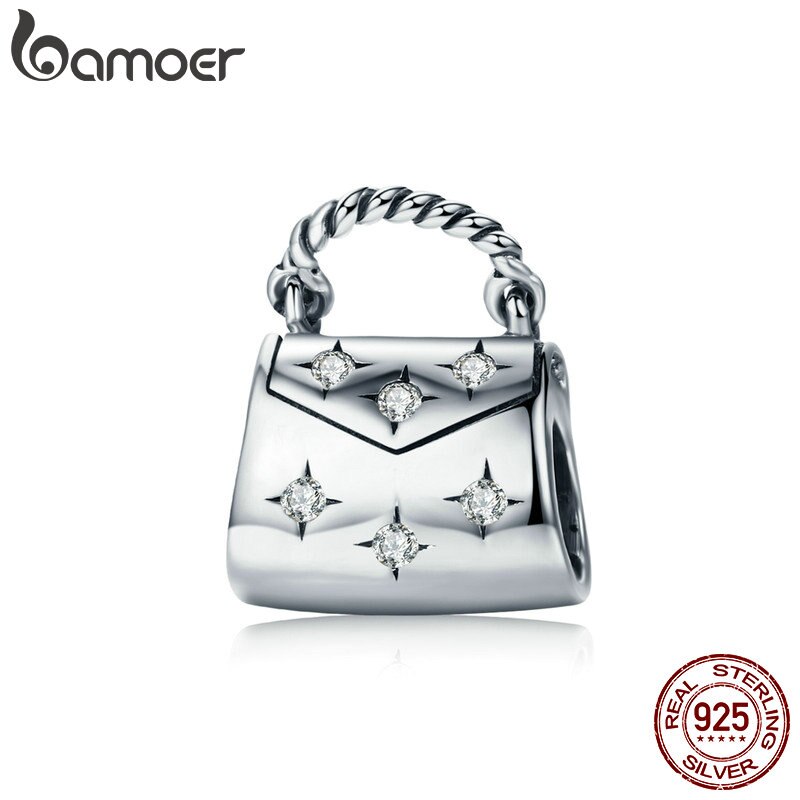Bamoer 925 Sterling Silver Dazzling Limpar Cz Mulheres Bolsa Charme Beads Fit Charm Bracelet Jóias Scc607
