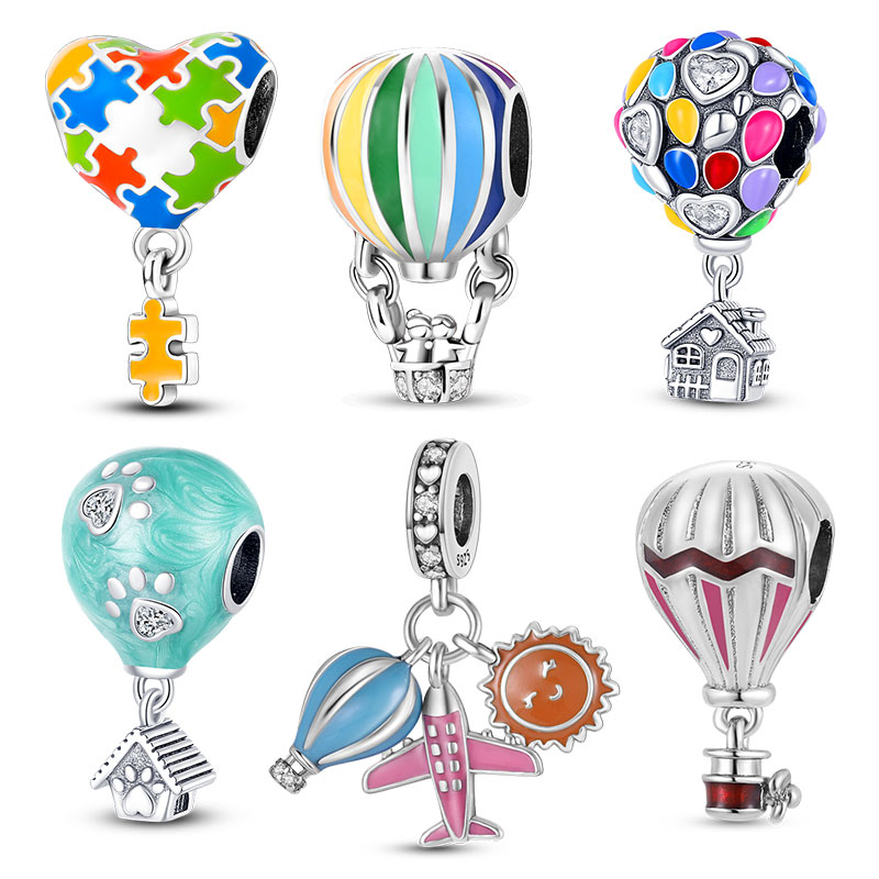 Balão De Ar Quente Colorido Encantado Pérola De Prata 925 Sterling Silver Airplane House Dangle Fit Bracelet Colar De Jóias De Bricolagem