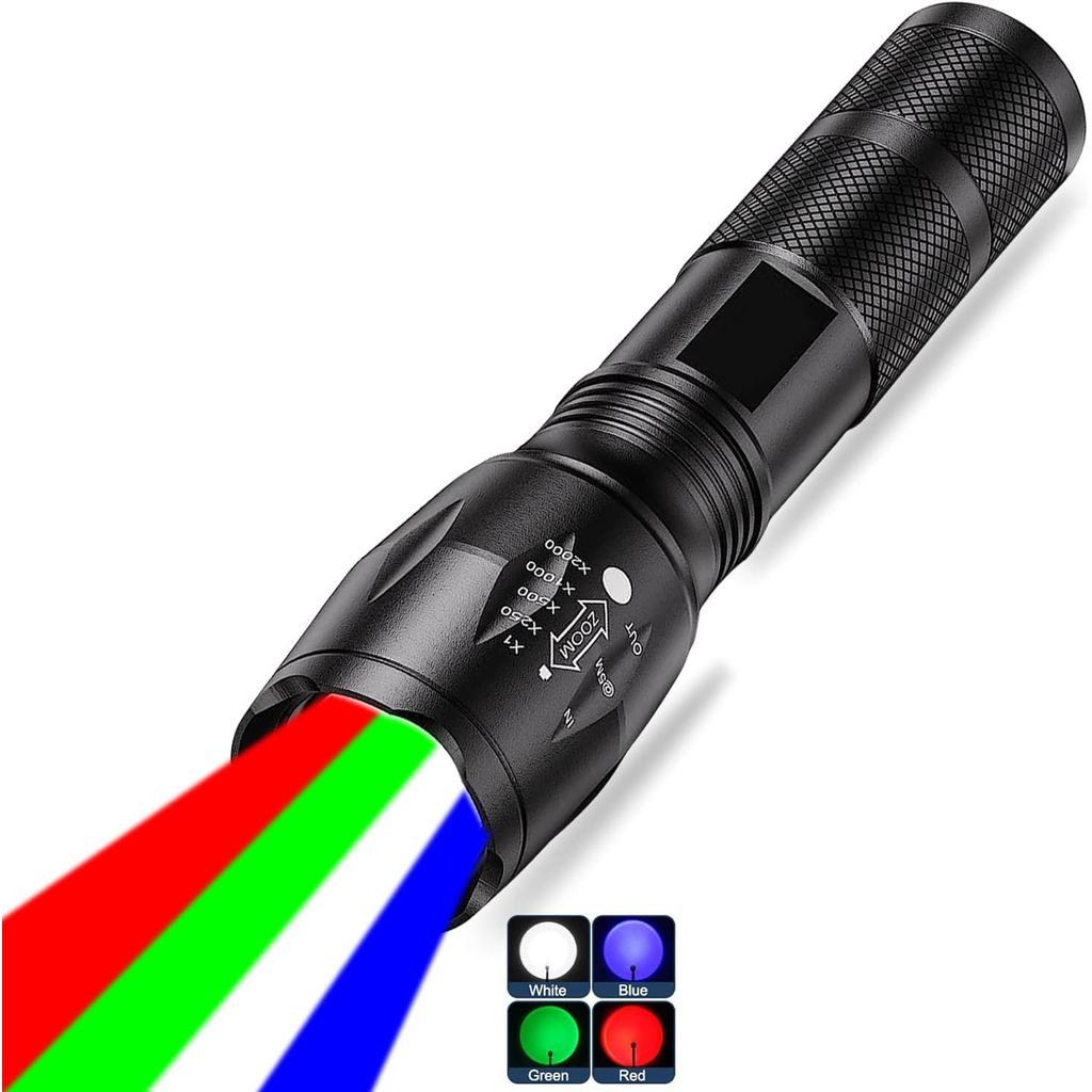 Powerful Red Flashlight, 4 Color in 1 LED White Red Blue and Green Lights, 4 Modes, Zoomable, Rechargeable, 2000 Lumen,