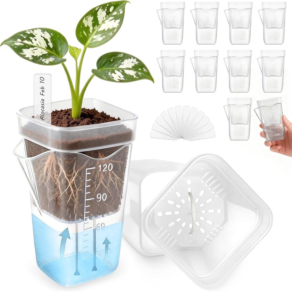 10 Pack Small Self Watering Pots for Indoor Plants, 2 Inch Clear Mini Self Watering with Labels,Water Level Indicator,Mi