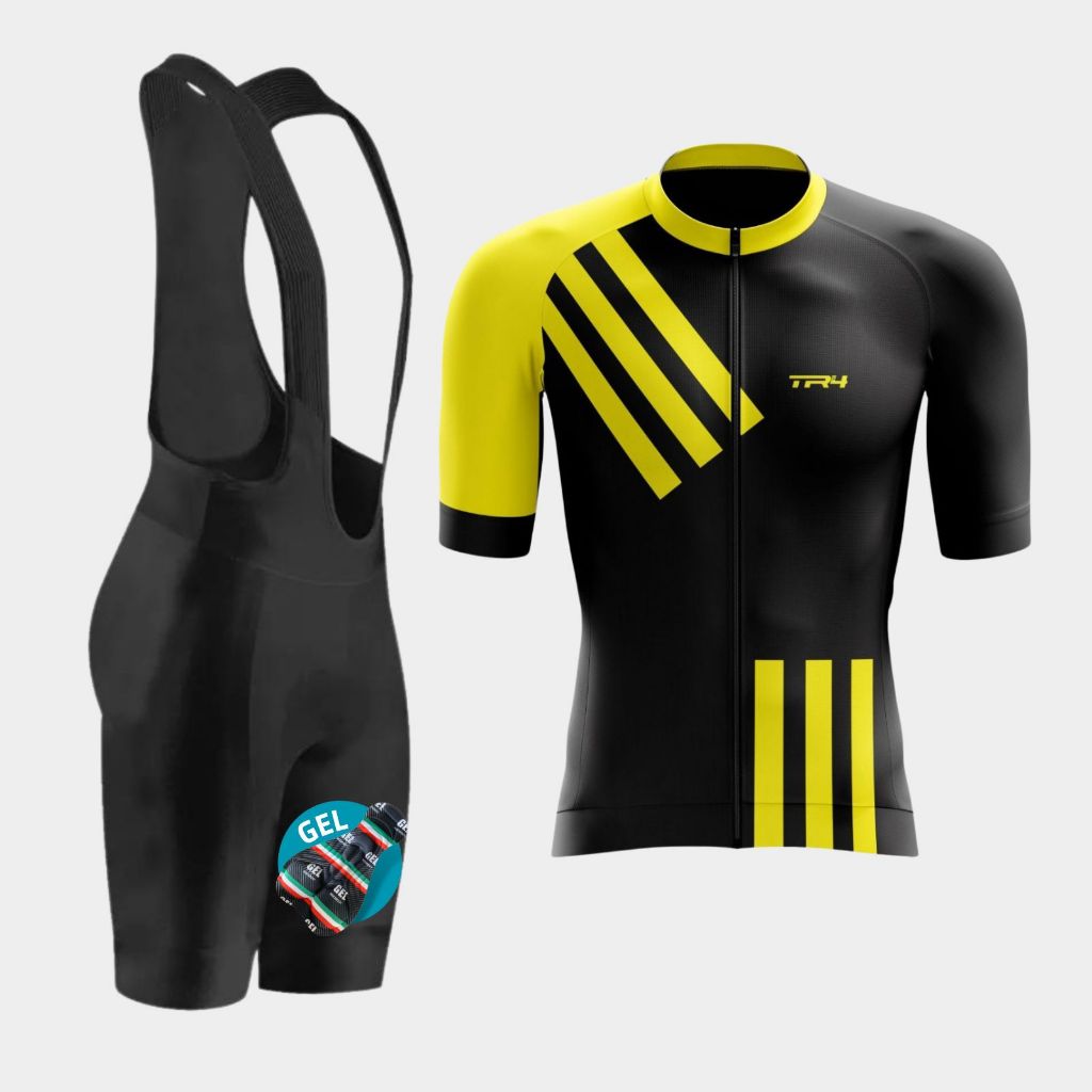 Conjunto Ciclista Masculino Camiseta Premium Ziper Total Bretelle Forrado Gel Conforto Pedalar