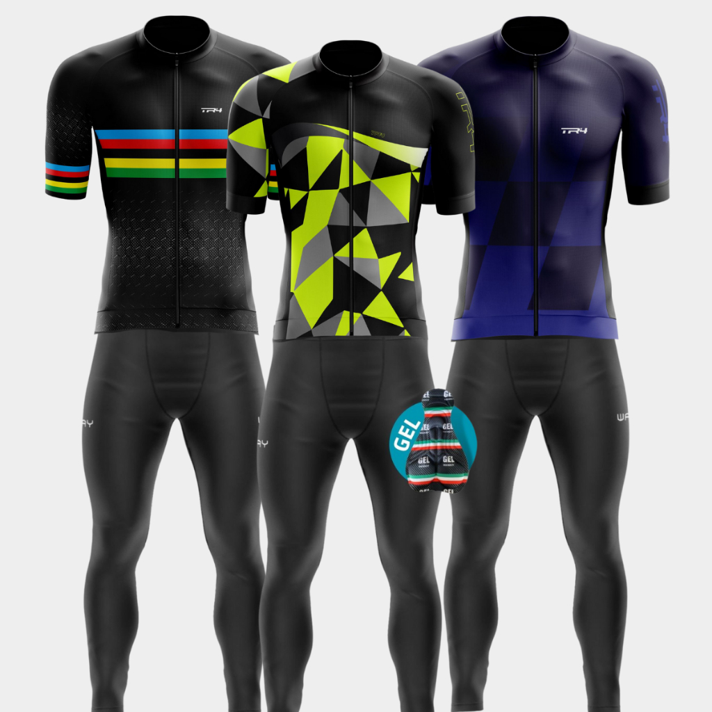 Conjunto Roupa Ciclismo Masculino Camisa Premium Ziper Total Calça Forro Gel Conforto Bike Speed