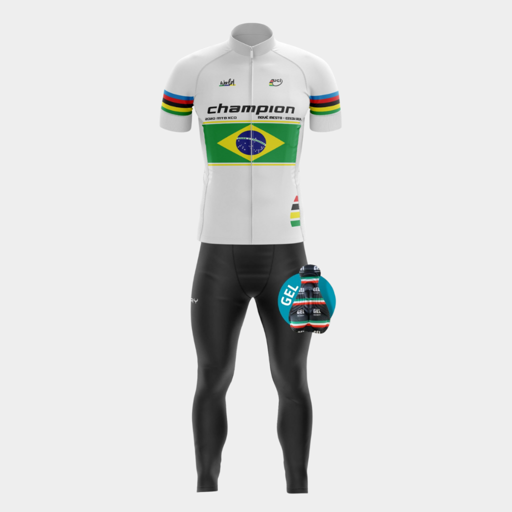 Kit Roupas Ciclismo Masculino Camisa Zíper UV Calça Acolchoada Gel Pedal Estrada MTB