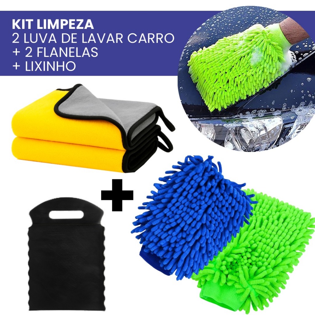 Kit Lavar Carro Profissional 2 Luvas + 2 Flanelas + Lixinho Automotivo Envio Imediato