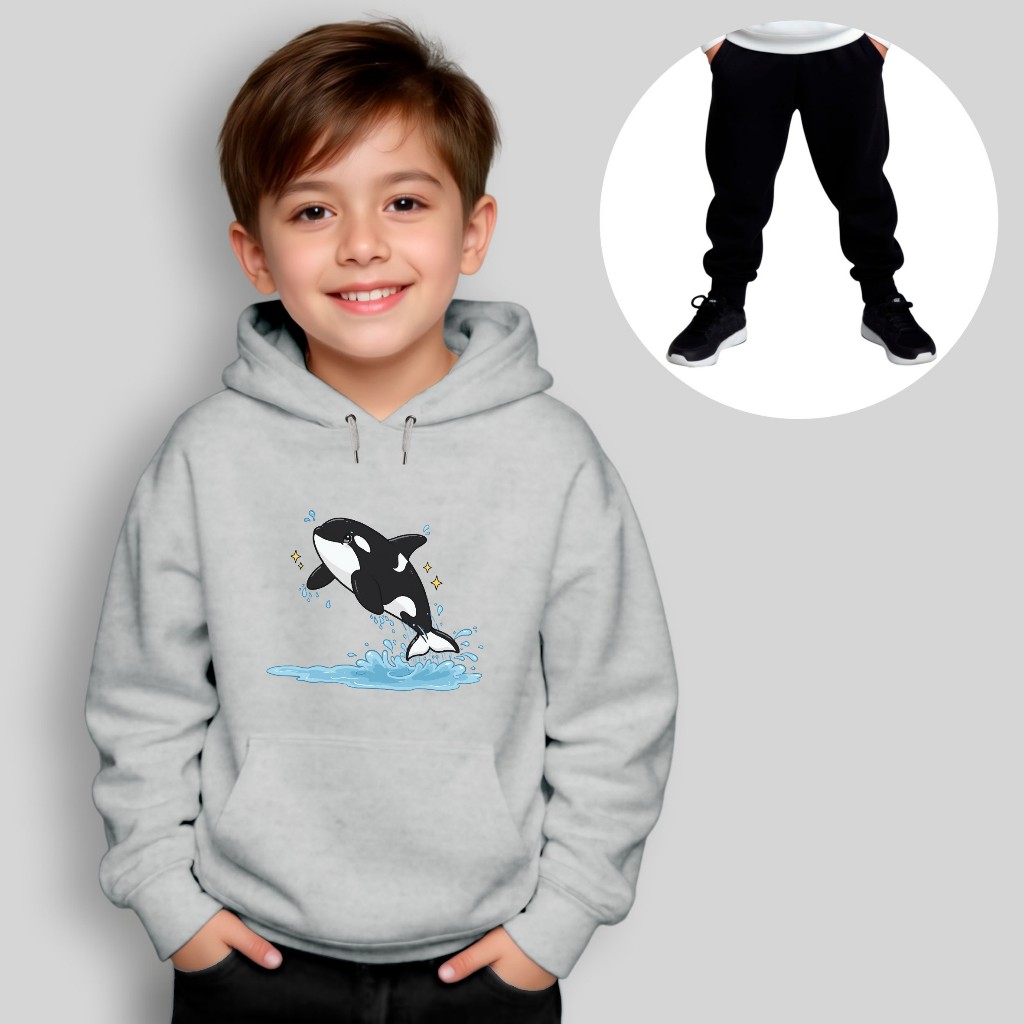 Conjunto Moletom Infantil Canguru + Calça Estampado Desenho Baleia Inverno Menina Menino