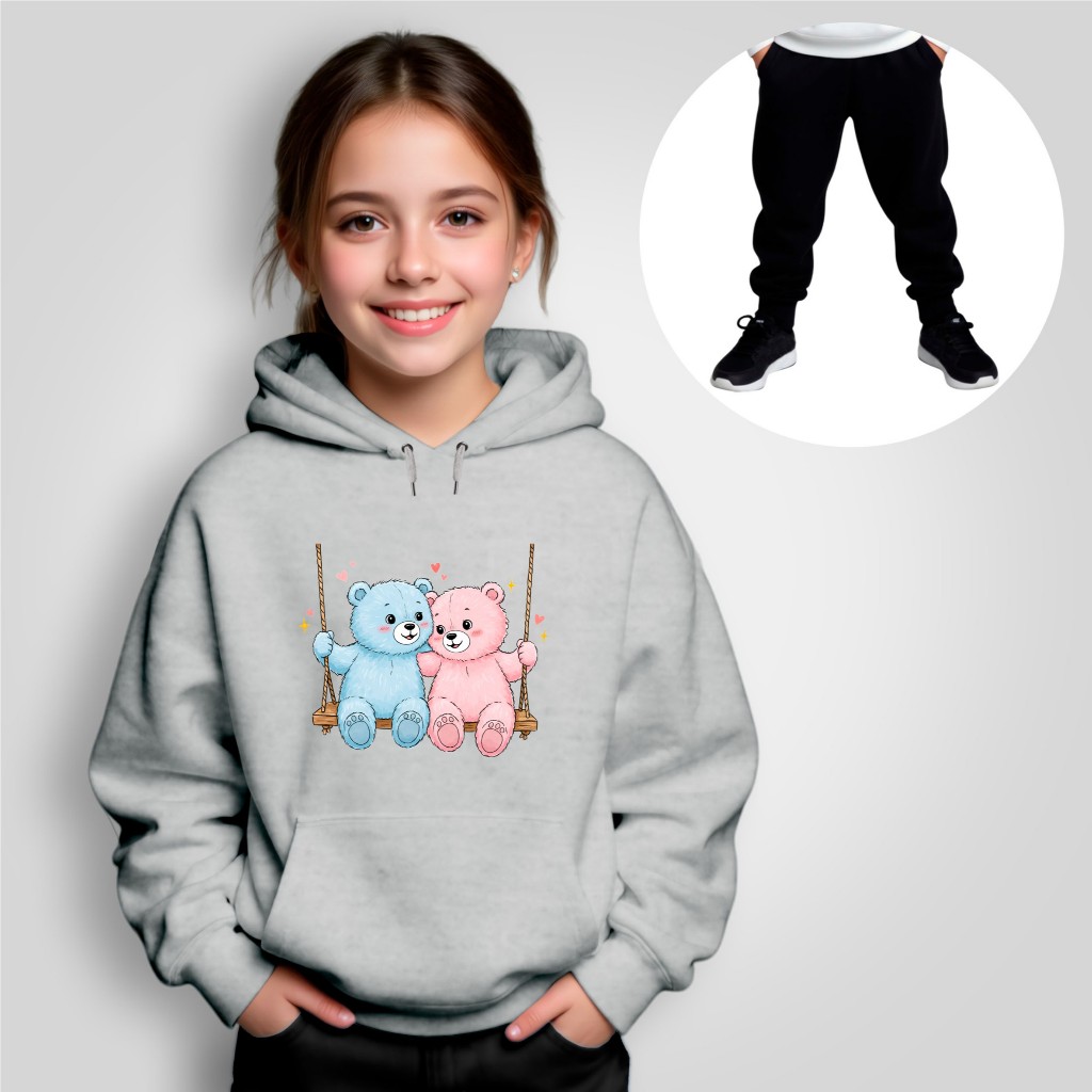 Conjunto Moletom Infantil Canguru + Calça Estampado Ursinhos Inverno Menina Menino