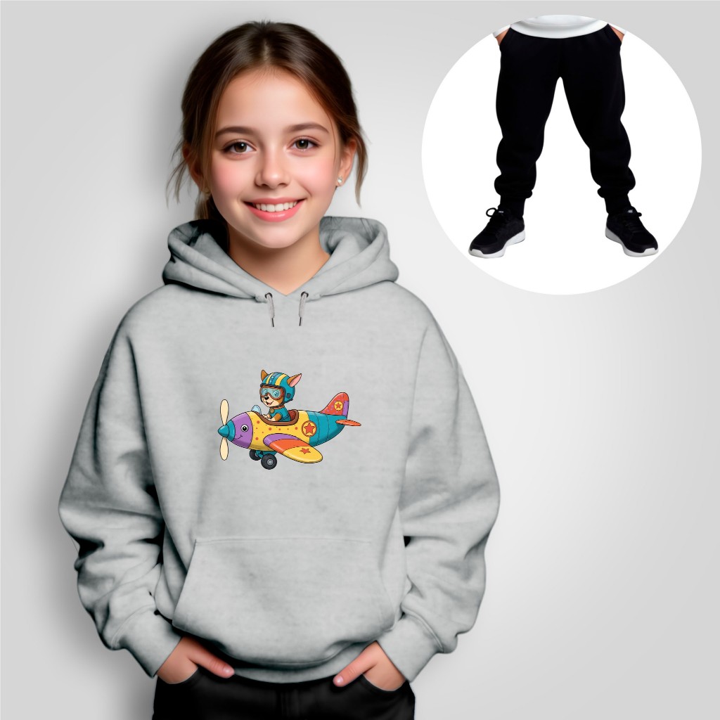 Conjunto Moletom Infantil Canguru + Calça Estampado Cachorro Avião Inverno Menina Menino