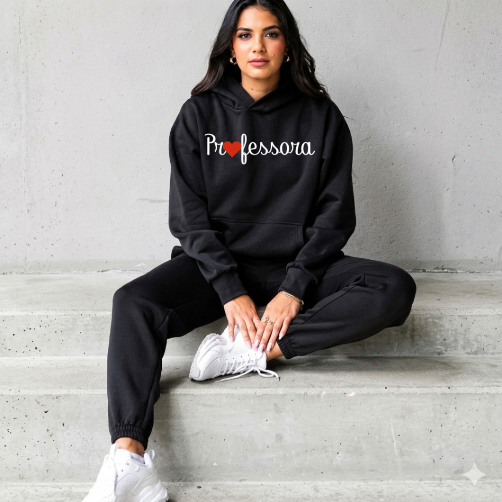 Conjunto de Moletom Canguru Blusa de Frio com Capuz e Calça Estampado Professora para dar aula Quentinho para o Inverno