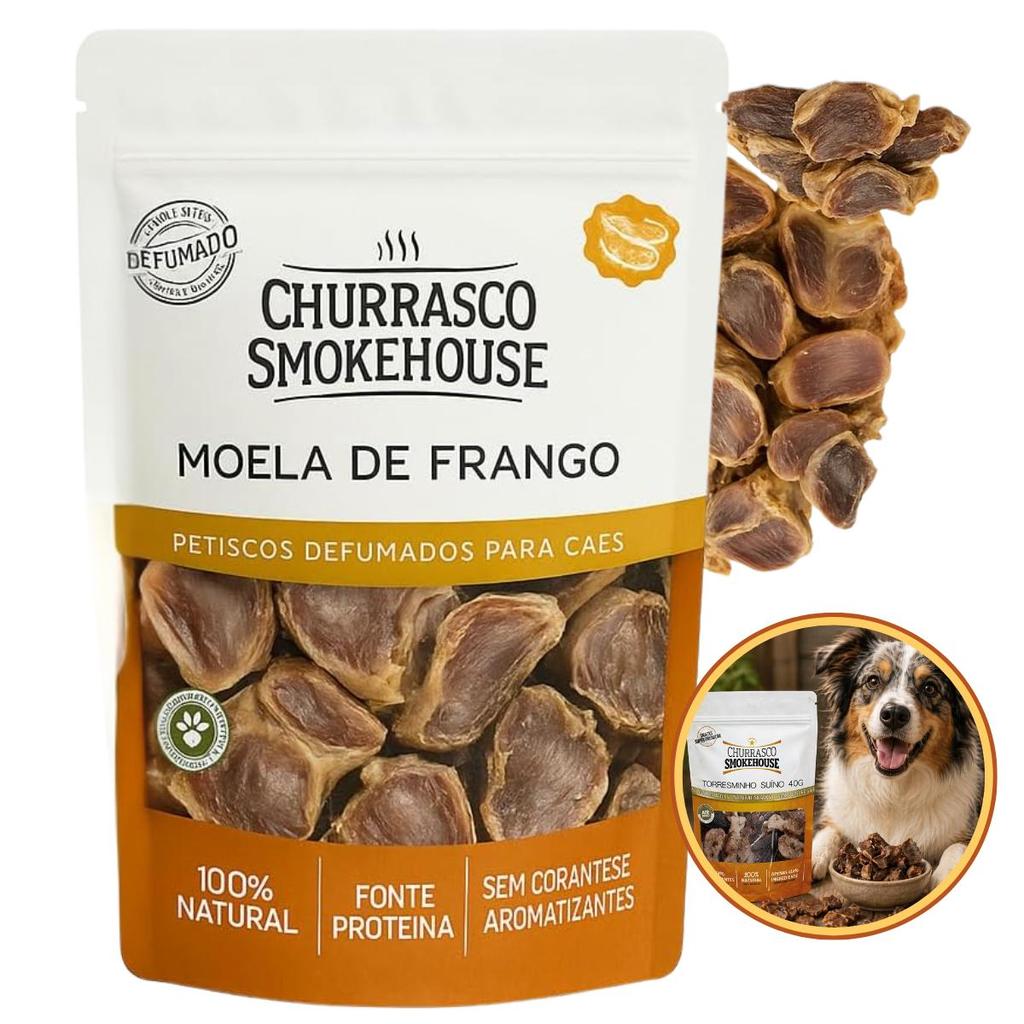 Moela de Frango 80g Churrasco Smokehouse Petisco Natural para Cachorro e Gatos